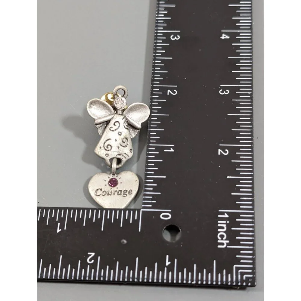 Vtg Gloria Duchin Pewter Angel Courage Charm Brooch Pin Pink Birhtstone‎
